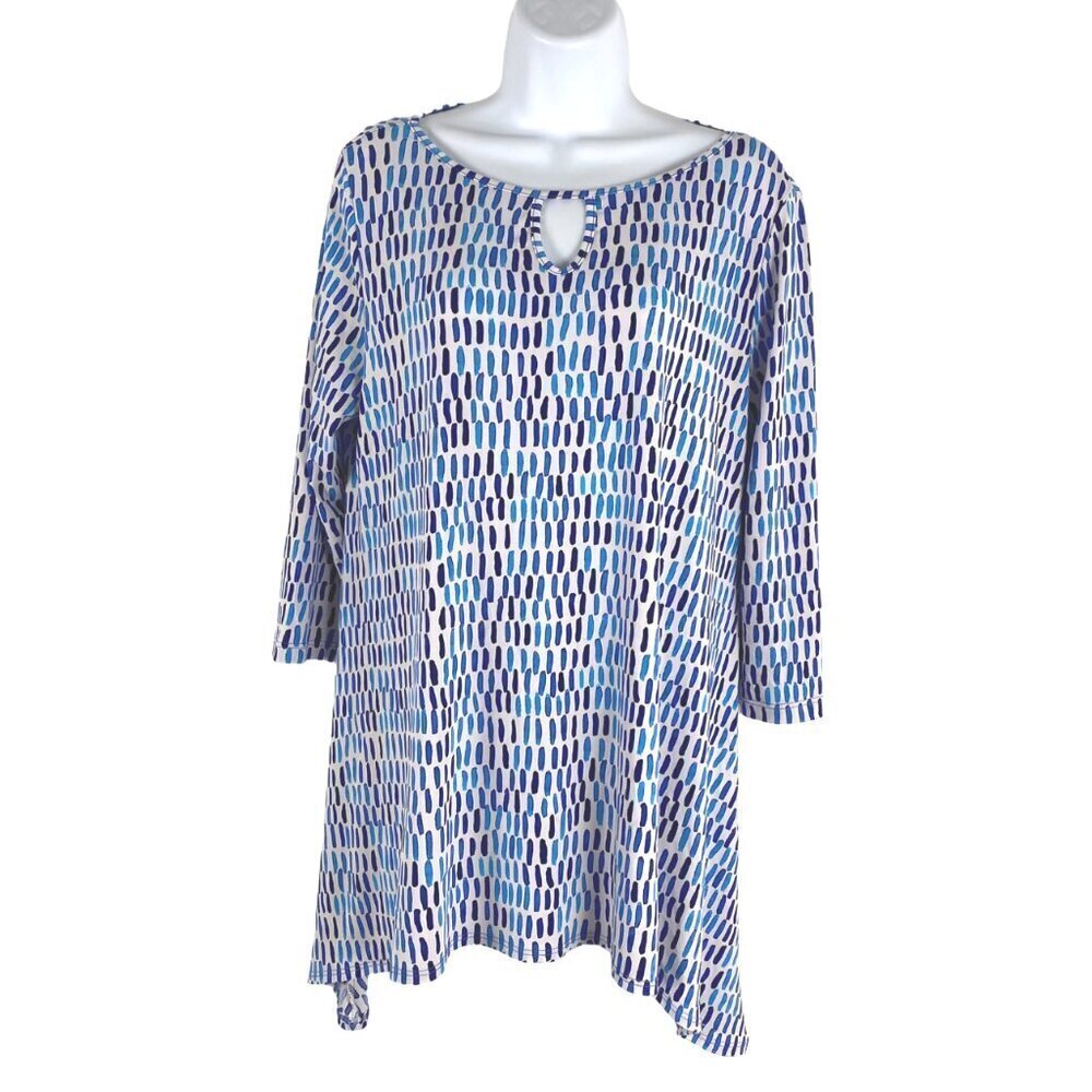 Clara Sun Woo Top Medium Blue White Printed Keyhole 3/4 Sleeve‎ Flawed TP-2682
